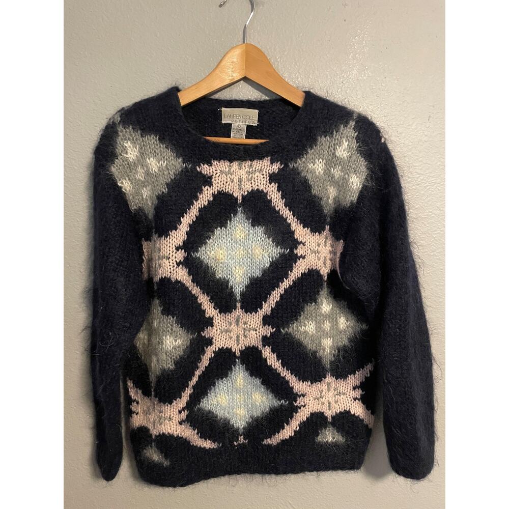 Vintage Lauren Cole Sweater Petite Small Navy Mohair Argyle Shoulder Pads 80s